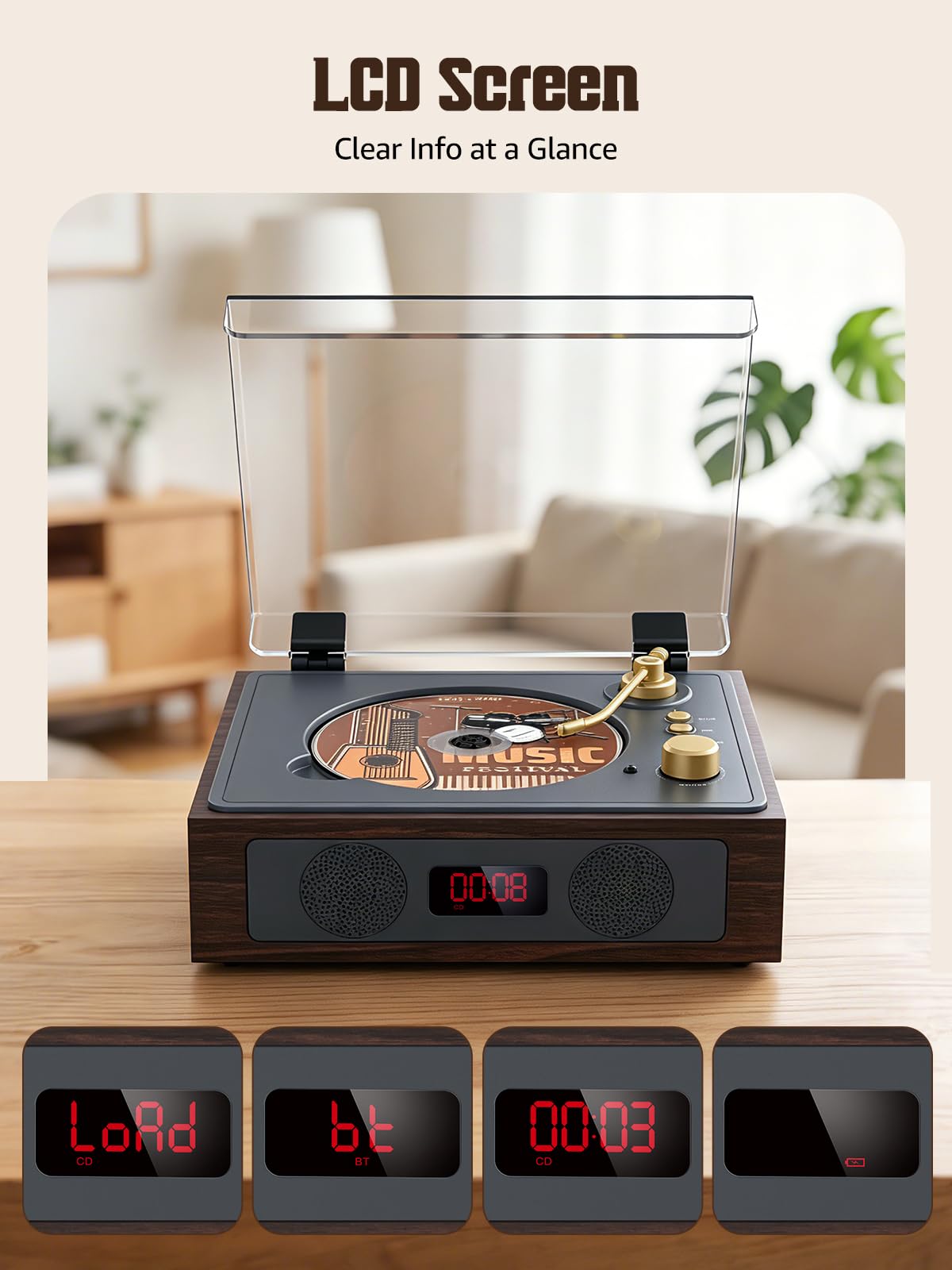 CD Player with Built-in Speakers Bluetooth Retro Portable CD Players for Home Music Player with Remote Control Headphone Jack (Walnut Brown with LCD Screen)