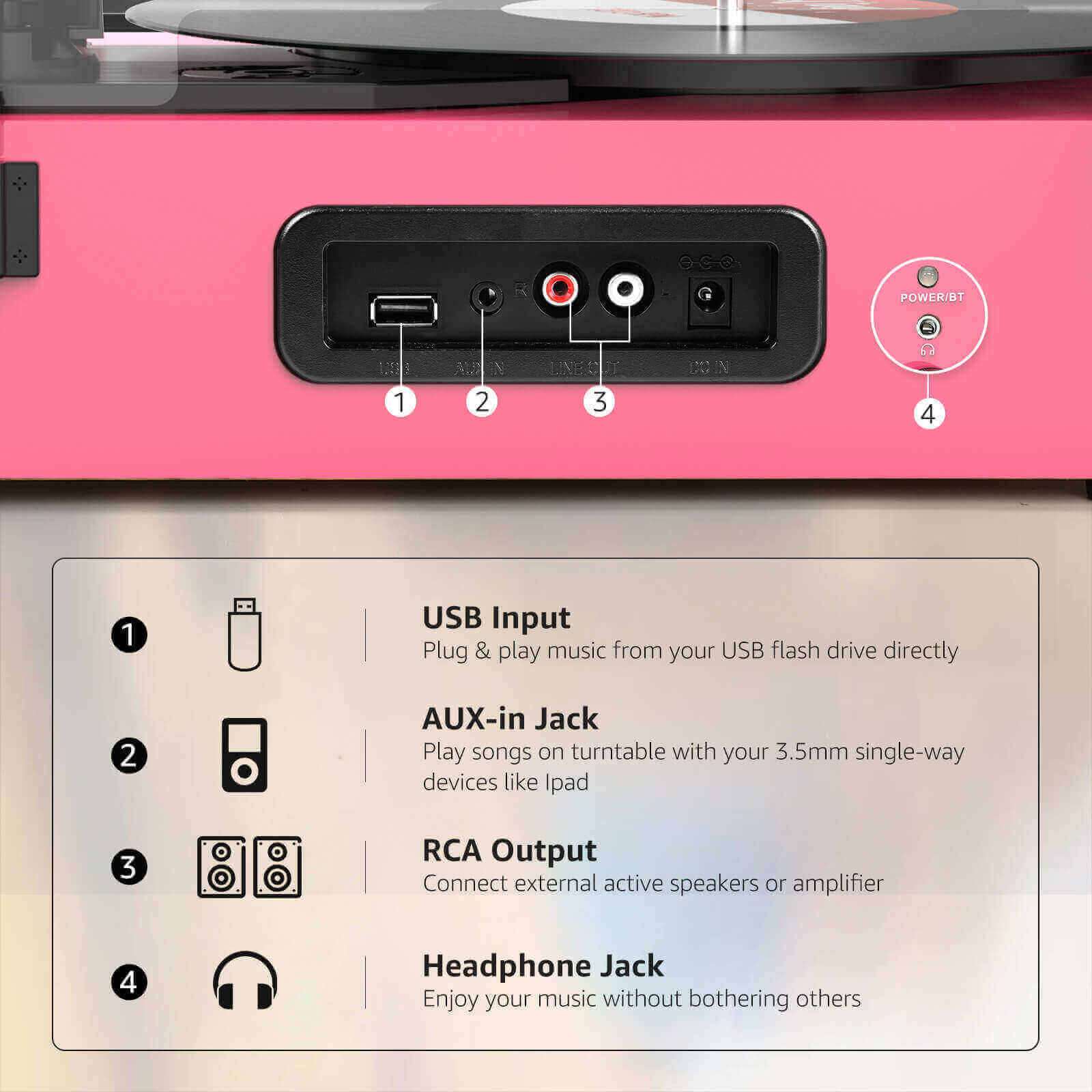 High-Quality Vinyl Record Player - Pink with Built-in Speakers by UDREAMER