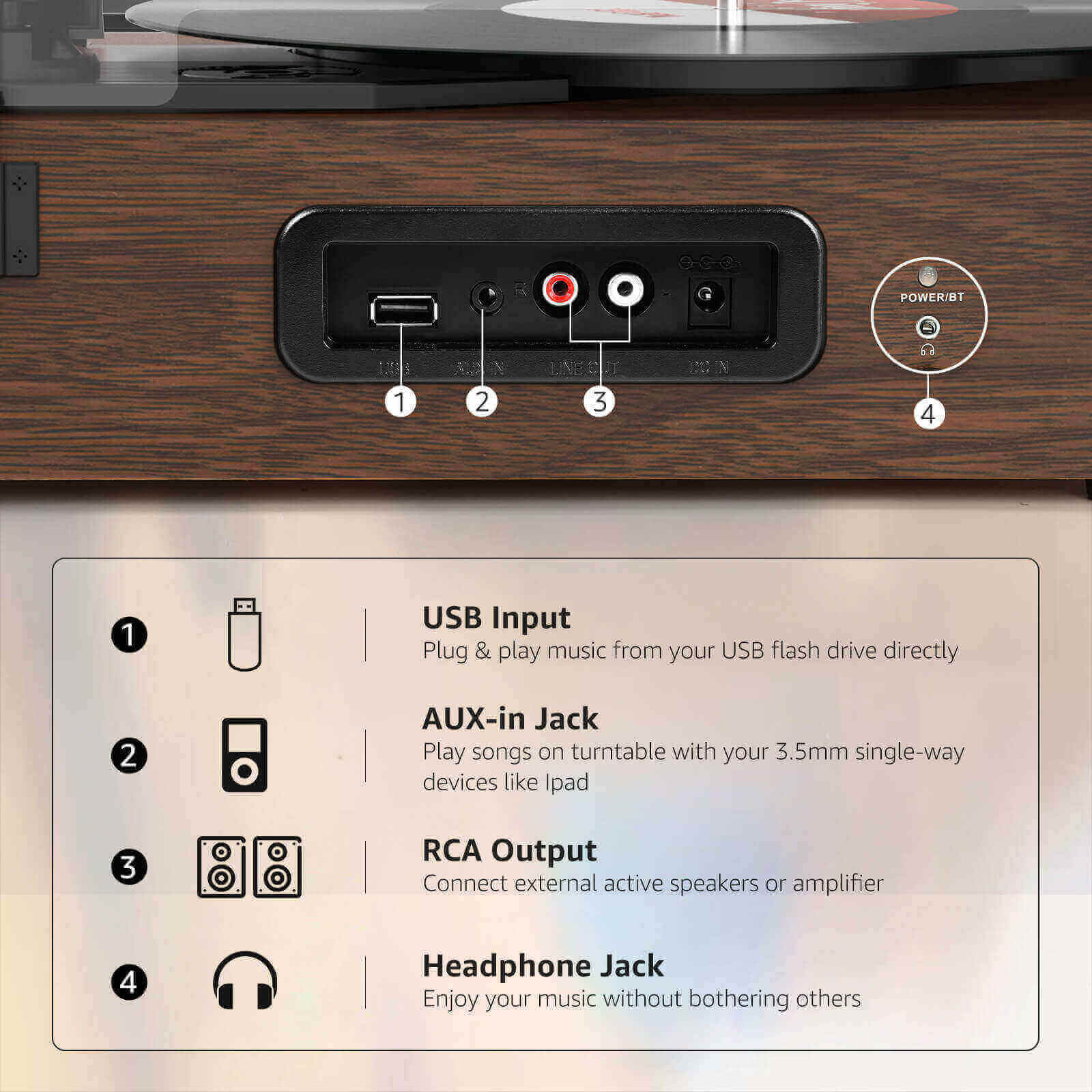 High-Quality Vinyl Record Player - Dark Brown with Built-in Speakers by UDREAMER