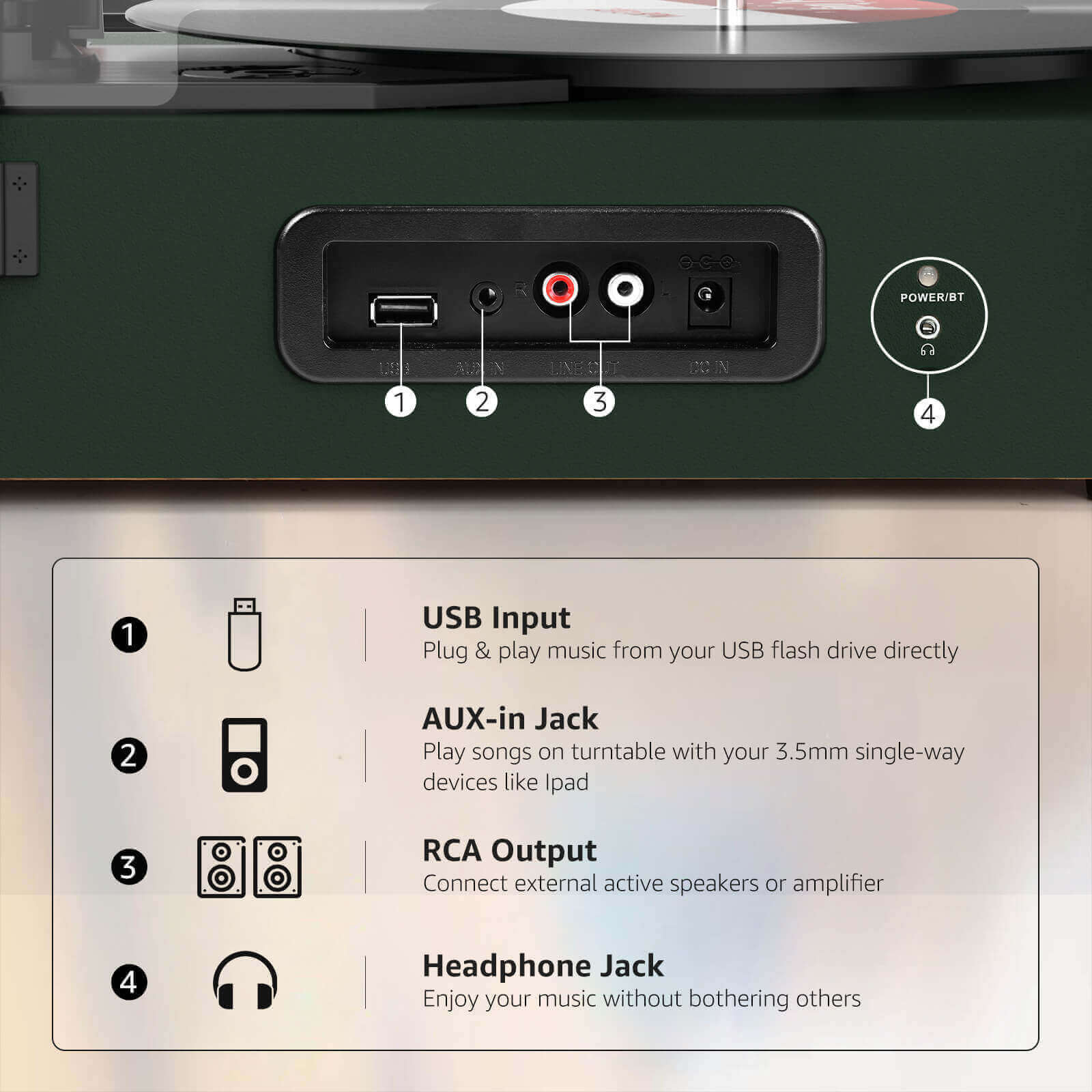 High-Quality Vinyl Record Player - Dark Green with Built-in Speakers by UDREAMER