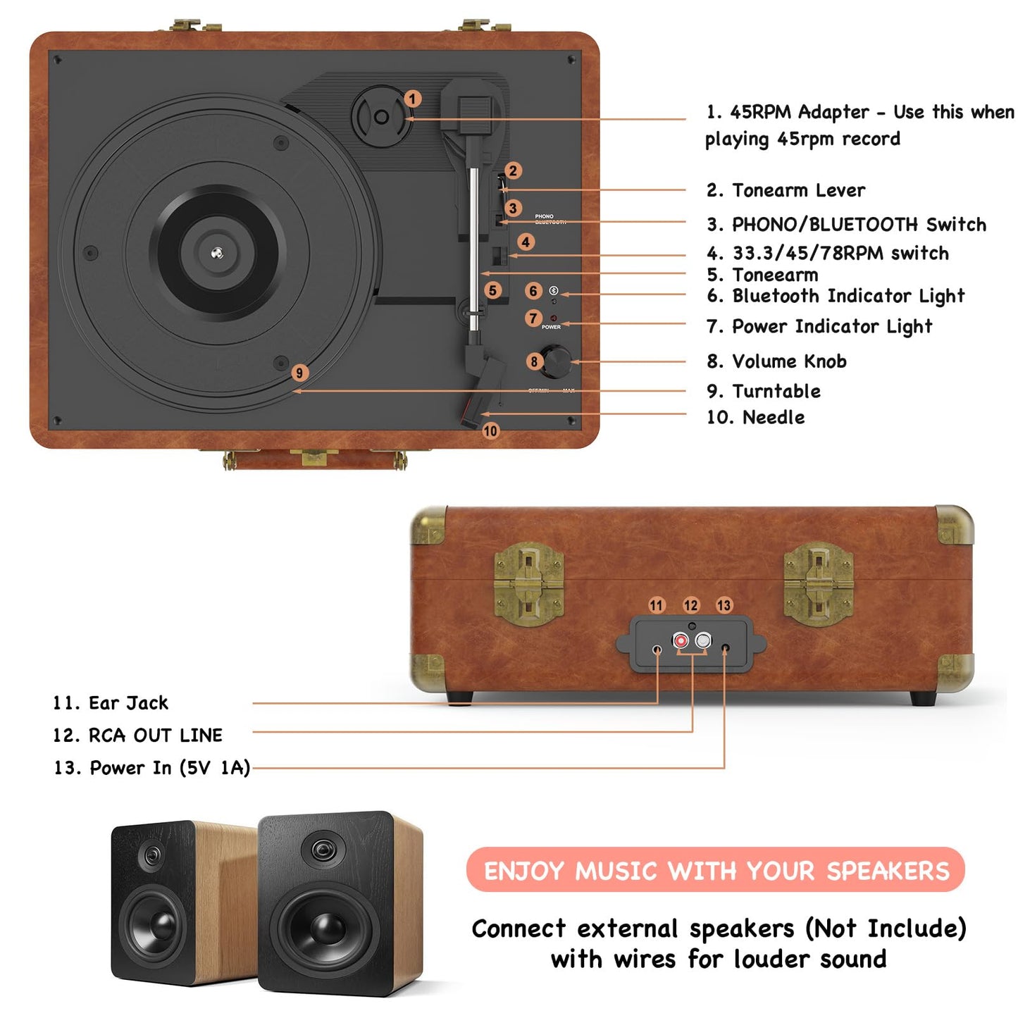Vinyl Record Player 3-Speed Bluetooth Portable Suitcase Records Player with 2 Built-in Stereo Speakers, Belt-Driven Turntable for Vinyl Records, Support RCA Line Out, AUX Out (Brown)