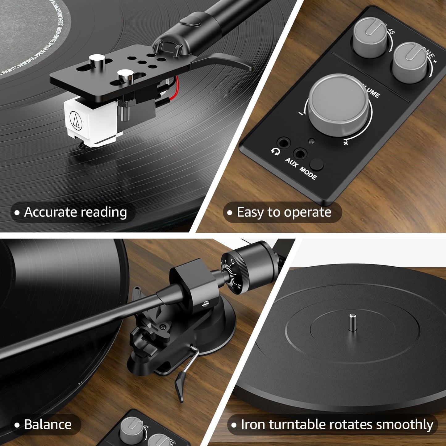 Vinyl Record Player High-Fidelity Bluetooth Turntable, Enhanced Bass Record Player with Speakers Magnetic Cartridge BT5.3 Playback RCA Out Aux in Belt-Drive 33/45RPM