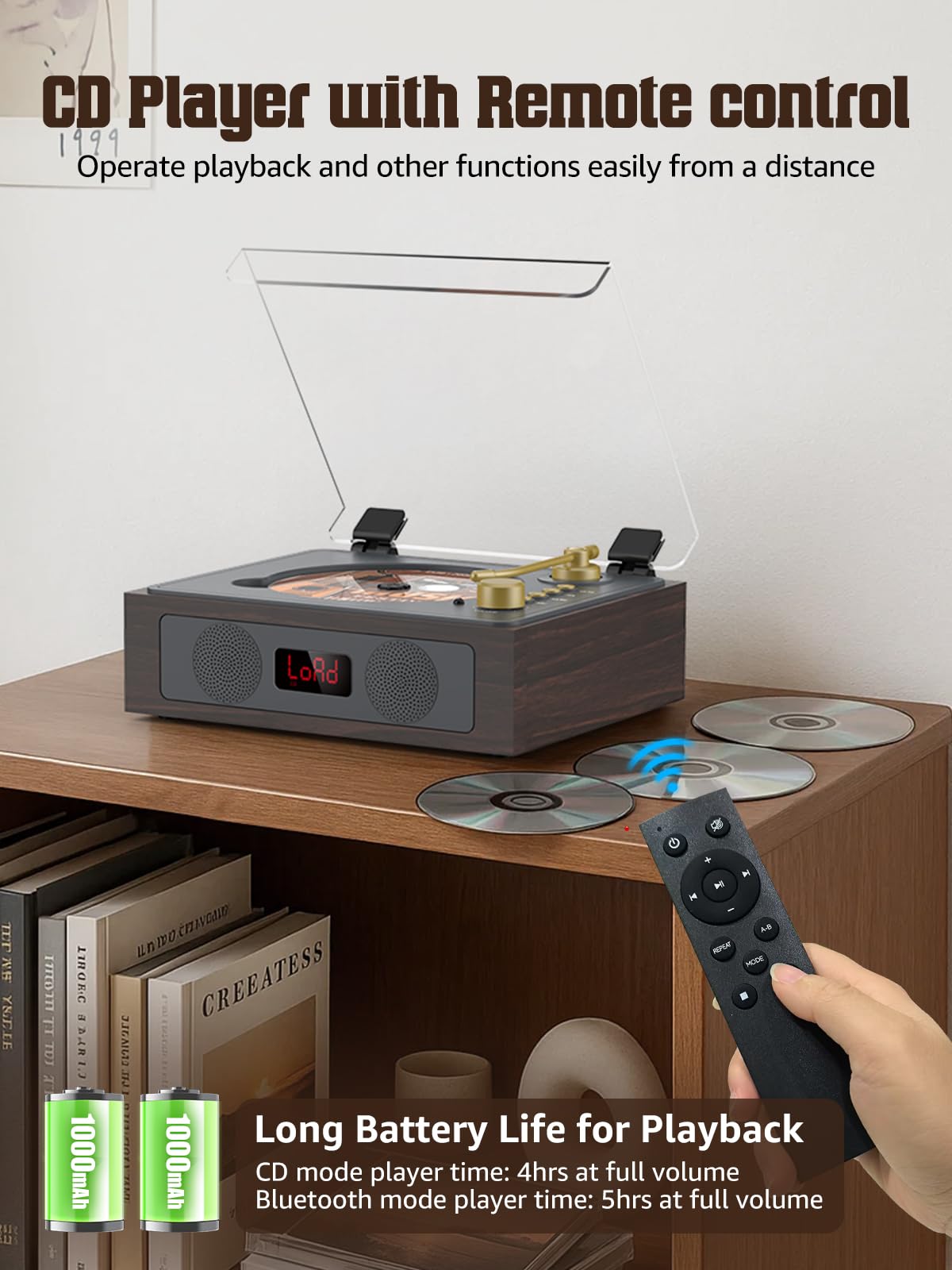 CD Player with Built-in Speakers Bluetooth Retro Portable CD Players for Home Music Player with Remote Control Headphone Jack (Walnut Brown with LCD Screen)