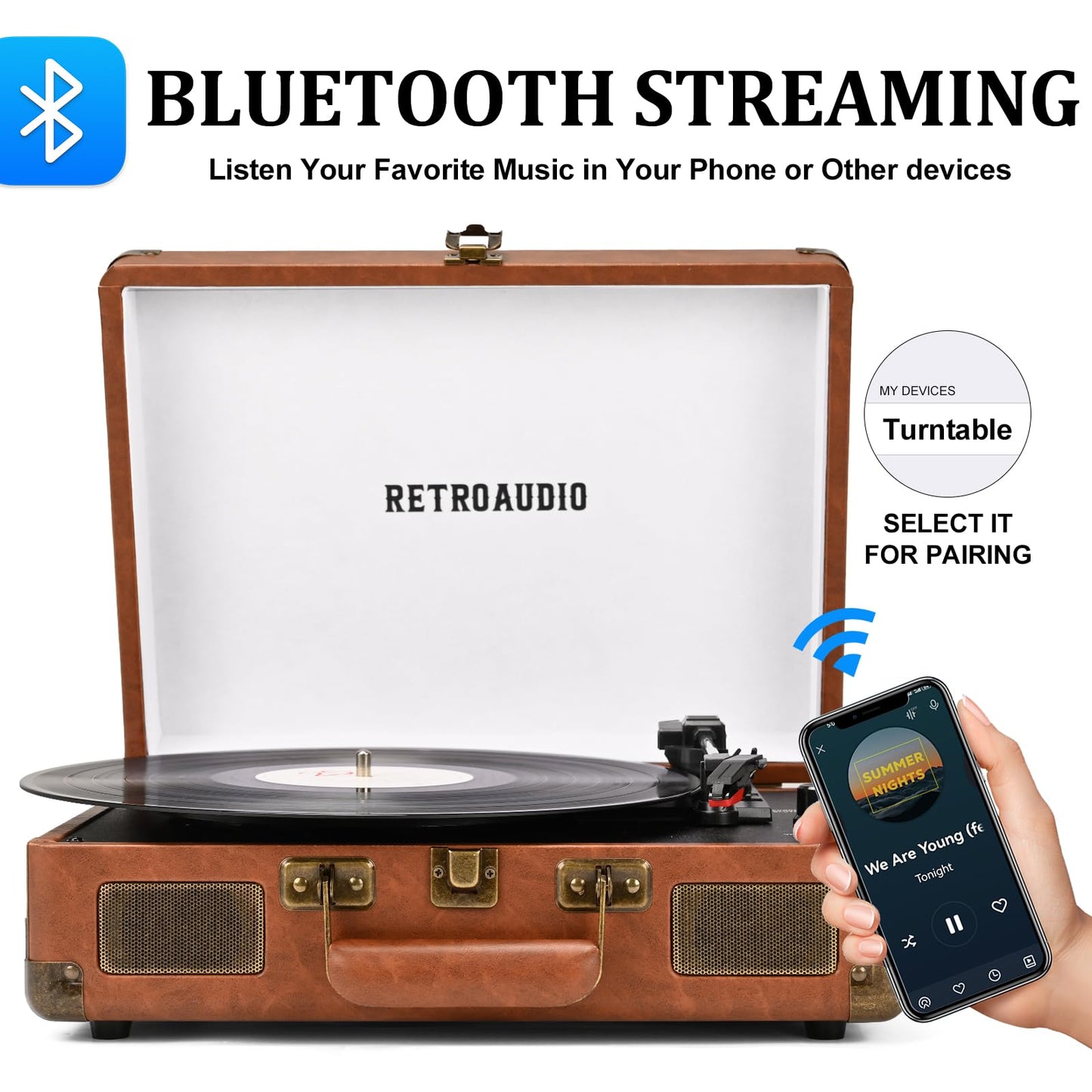 Vinyl Record Player 3-Speed Bluetooth Portable Suitcase Records Player with 2 Built-in Stereo Speakers, Belt-Driven Turntable for Vinyl Records, Support RCA Line Out, AUX Out (Brown)