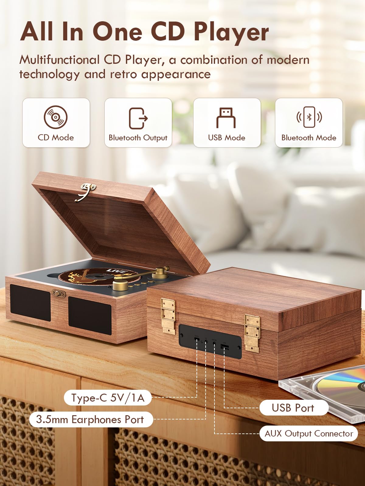 CD Player with Built-in Speakers Portable with Bluetooth Input&Output Nostalgic Desktop CD Players for Home Music Box Player with Stereo Sound Remote Control Brown