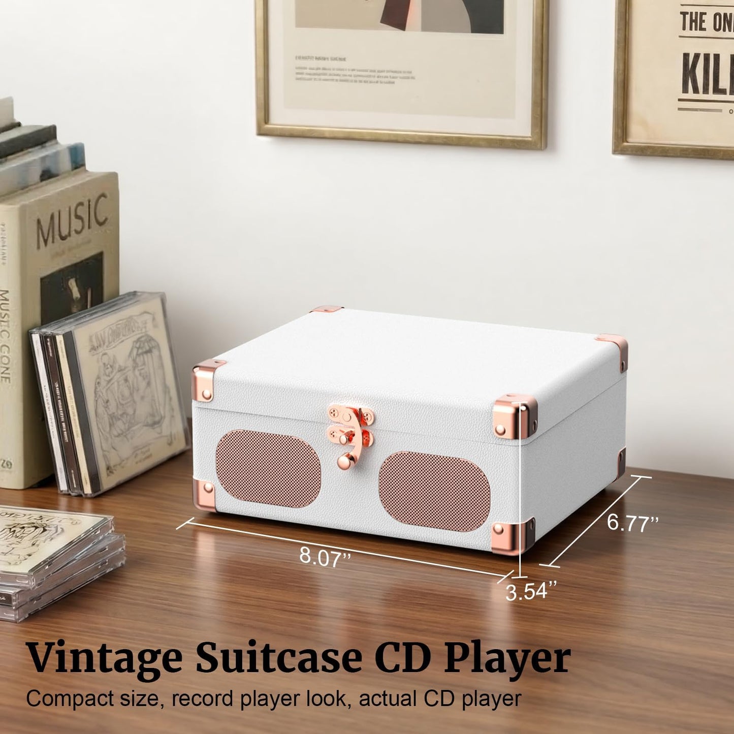 RetroAudio CD Player with Speakers Retro Portable CD Players for Home Music Player with Remote Control,V5.4 Bluetooth in&Out Desktop Suitcase CD Player with AUX in, Headphone Jack,USB Playback，White