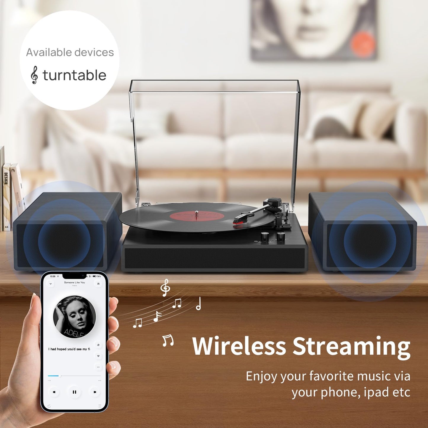 Record Player with 2X External Speakers Turntable Bluetooth Input Belt-Driven 3-Speed (33, 45, 78 RPM) LP Player Turntables for Vinyl Records with RCA Output, Aux in, Auto Stop, Black