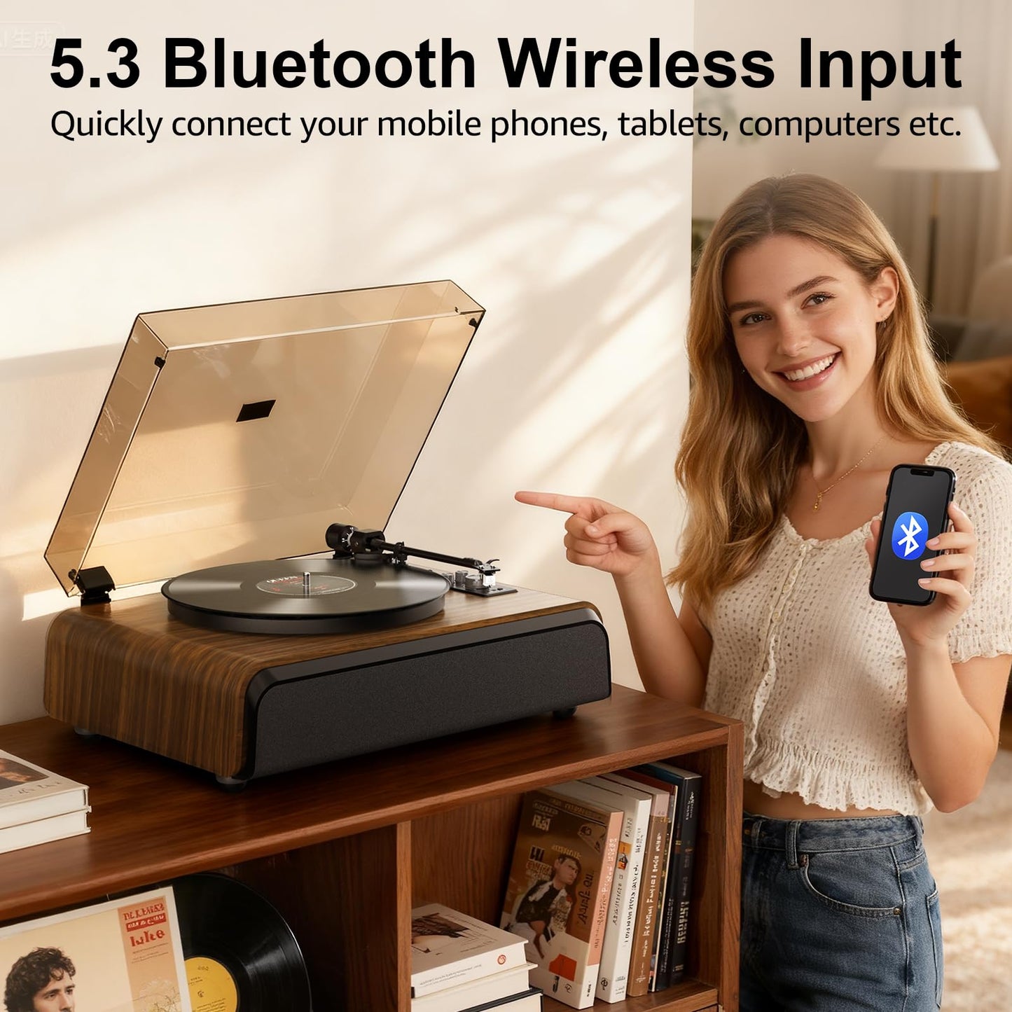 Vinyl Record Player High-Fidelity Bluetooth Turntable, Enhanced Bass Record Player with Speakers Magnetic Cartridge BT5.3 Playback RCA Out Aux in Belt-Drive 33/45RPM