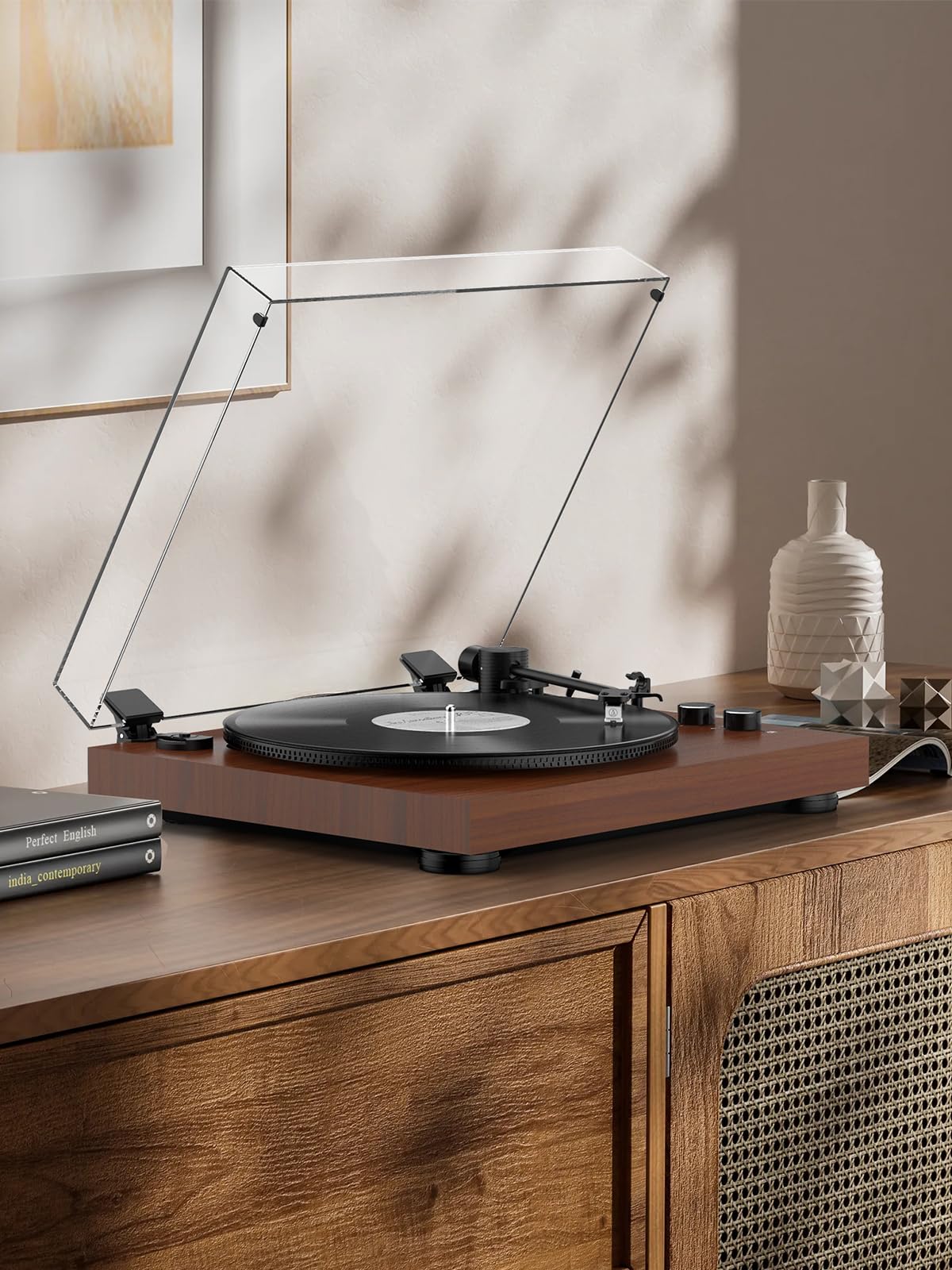 Vinyl Record Player Belt Drive 2-Speed Playback Turntable Bluetooth Wireless Output Connectivity Record Player with Magnetic Cartridge Built-in Phono Pre-amp