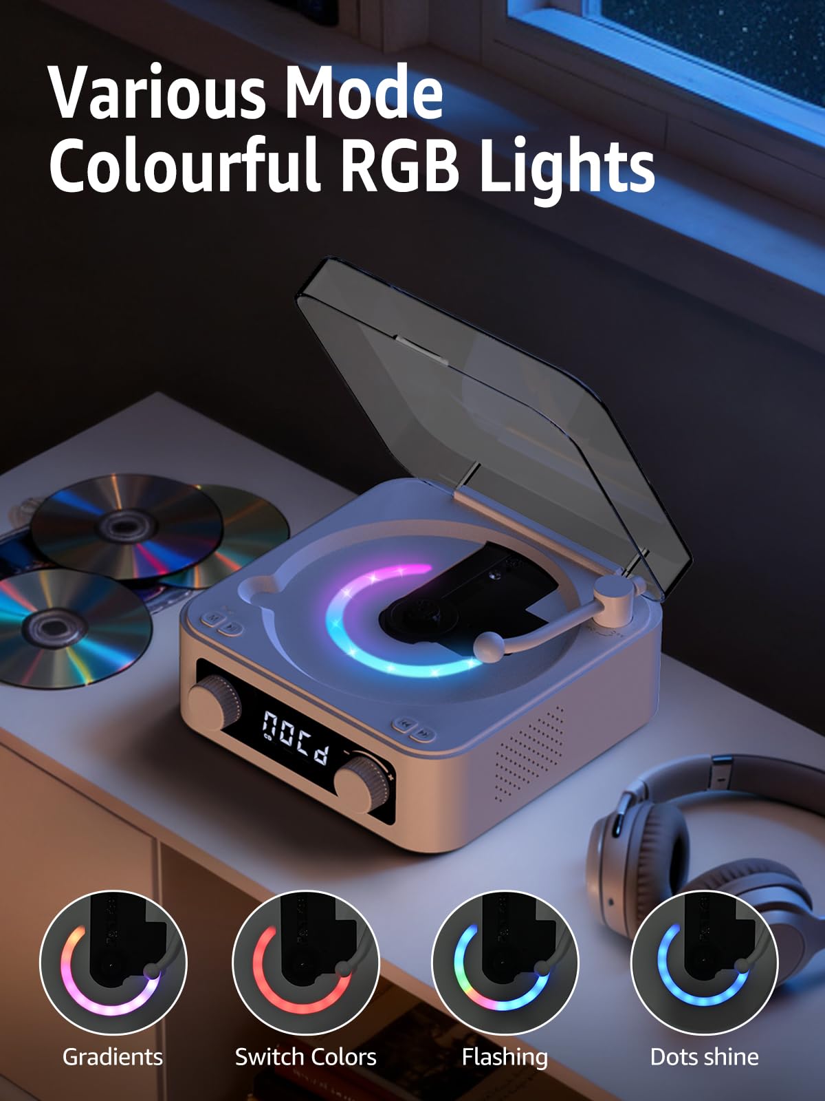 CD Player with Built-in Speakers Portable Bluetooth Input&Output Desktop CD Players for Home with Screen Display, Ambient Lighting, FM Radio, White Noise Mode, Remote Control, USB Type-c (White)