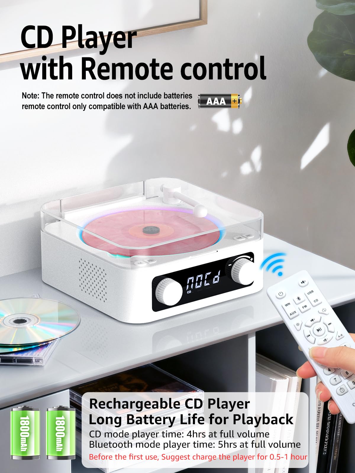 CD Player with Built-in Speakers Portable Bluetooth Input&Output Desktop CD Players for Home with Screen Display, Ambient Lighting, FM Radio, White Noise Mode, Remote Control, USB Type-c (White)