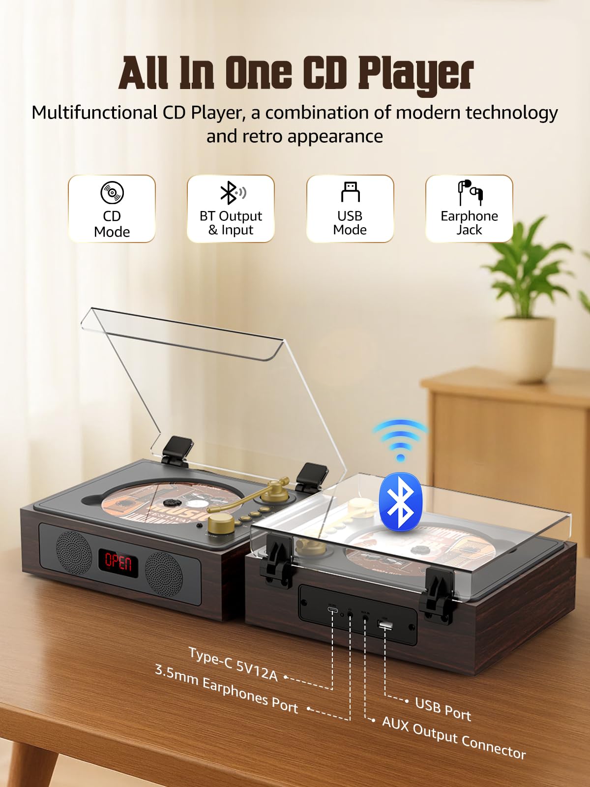 CD Player with Built-in Speakers Bluetooth Retro Portable CD Players for Home Music Player with Remote Control Headphone Jack (Walnut Brown with LCD Screen)
