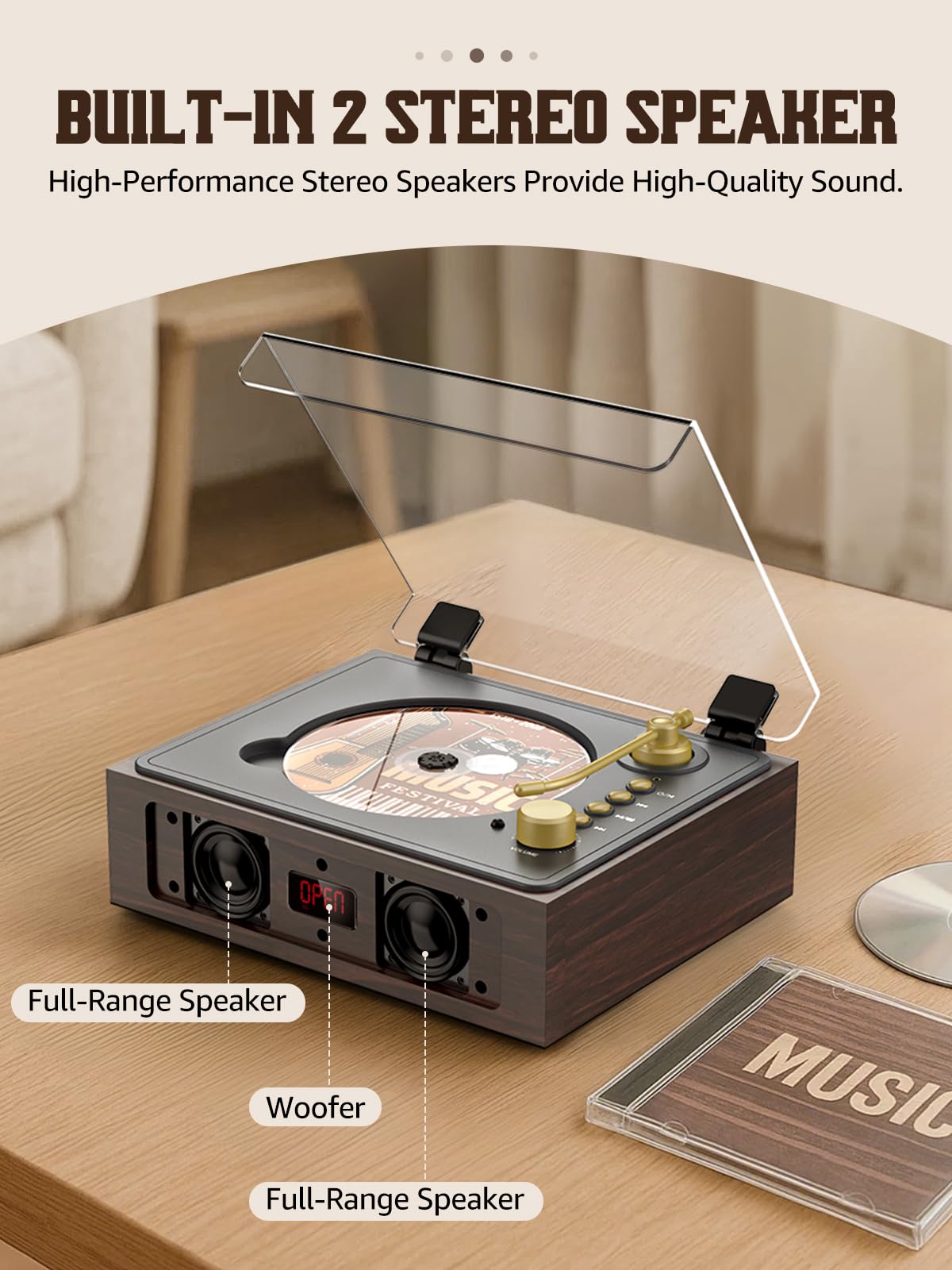 CD Player with Built-in Speakers Bluetooth Retro Portable CD Players for Home Music Player with Remote Control Headphone Jack (Walnut Brown with LCD Screen)
