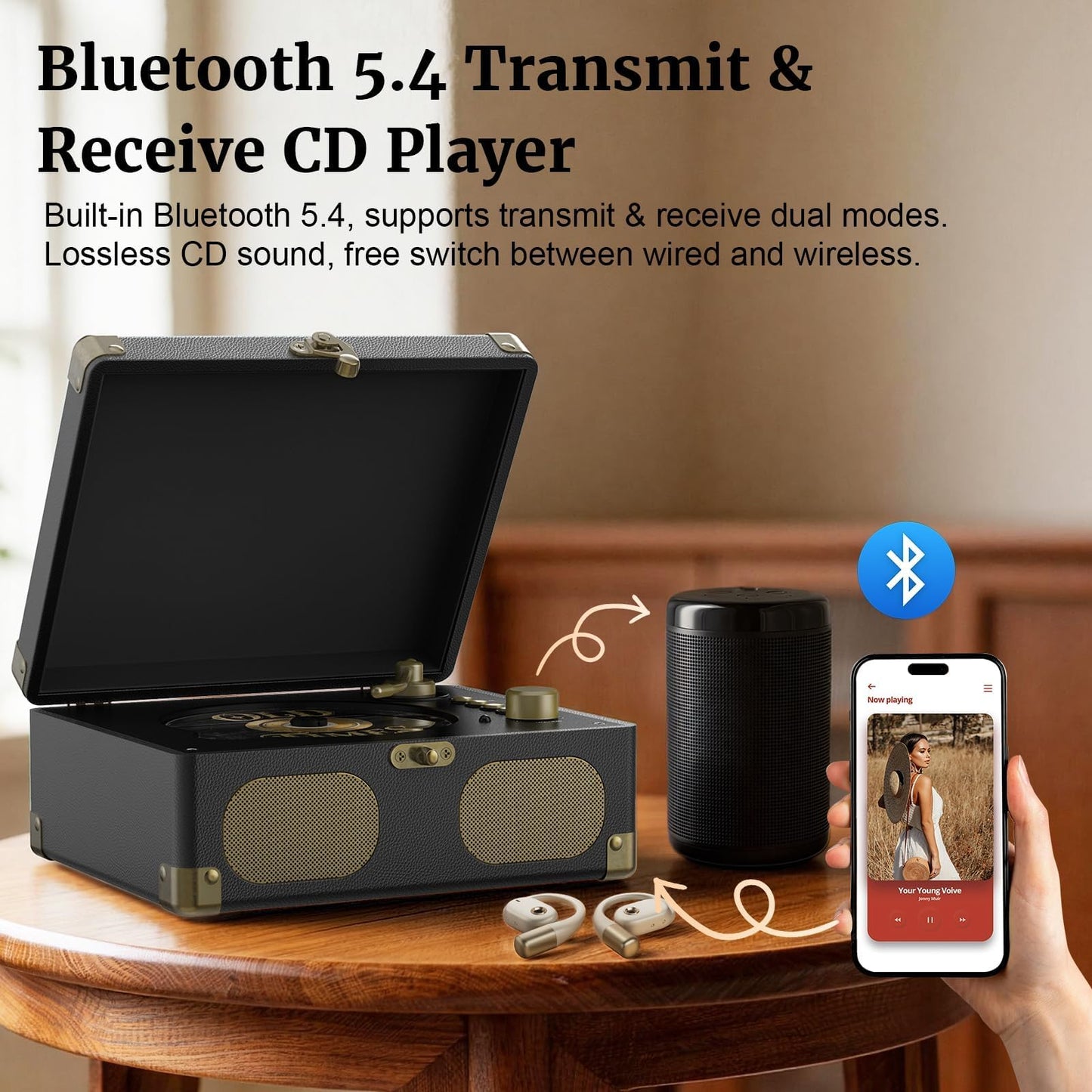 RetroAudio CD Player with Speakers Retro Portable CD Players for Home Music Player with Remote Control,V5.4 Bluetooth in&Out Desktop Suitcase CD Player with AUX in, Headphone Jack,USB Playback，Black
