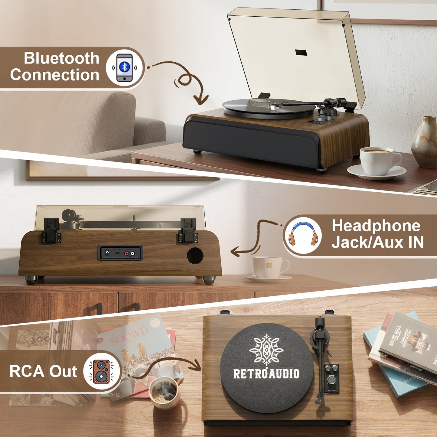 Vinyl Record Player High-Fidelity Bluetooth Turntable, Enhanced Bass Record Player with Speakers Magnetic Cartridge BT5.3 Playback RCA Out Aux in Belt-Drive 33/45RPM