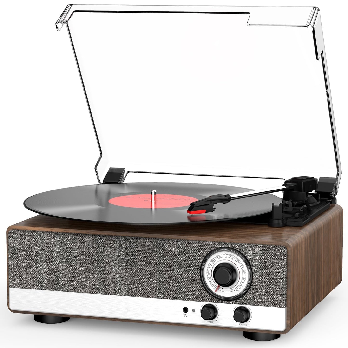 7-in-1 Vinyl Record Player with Built-in Speakers Bluetooth in & Out Belt Drive 3-Speed Turntables for Vinyl Records Support AM/FM Radio, Pitch Control & RCA Line Out & Auto Stop, Walnut