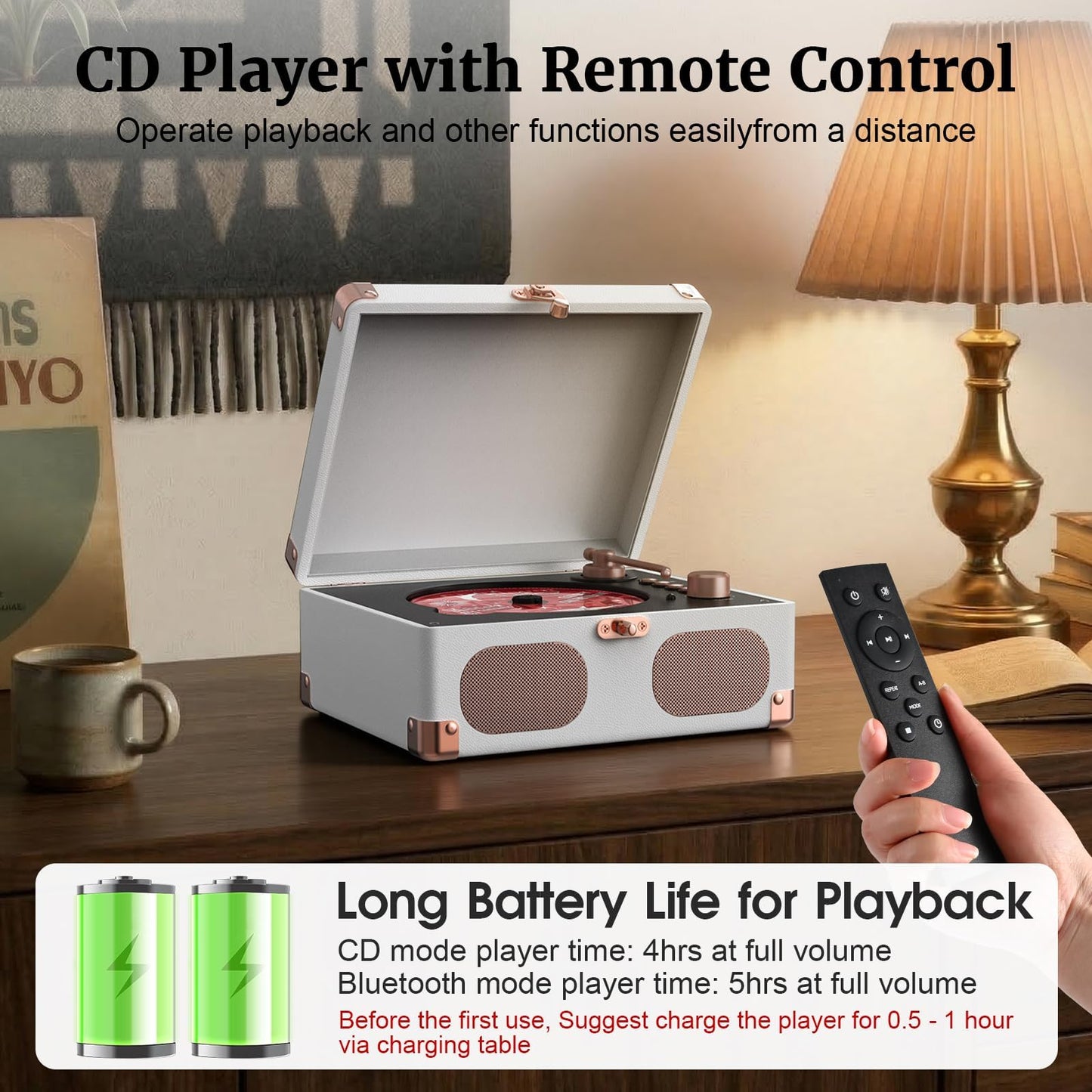 RetroAudio CD Player with Speakers Retro Portable CD Players for Home Music Player with Remote Control,V5.4 Bluetooth in&Out Desktop Suitcase CD Player with AUX in, Headphone Jack,USB Playback，White