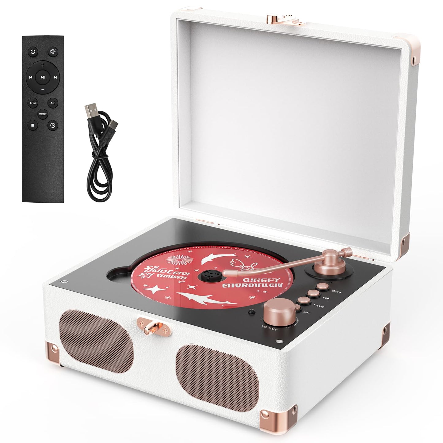 RetroAudio CD Player with Speakers Retro Portable CD Players for Home Music Player with Remote Control,V5.4 Bluetooth in&Out Desktop Suitcase CD Player with AUX in, Headphone Jack,USB Playback，White