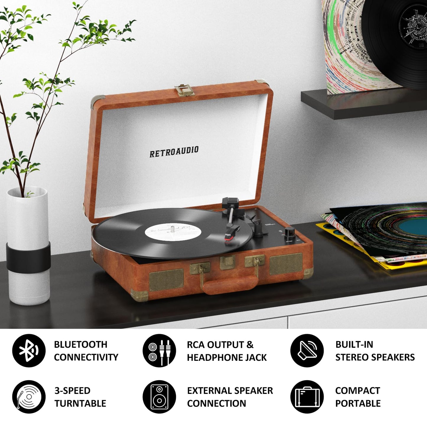 Vinyl Record Player 3-Speed Bluetooth Portable Suitcase Records Player with 2 Built-in Stereo Speakers, Belt-Driven Turntable for Vinyl Records, Support RCA Line Out, AUX Out (Brown)