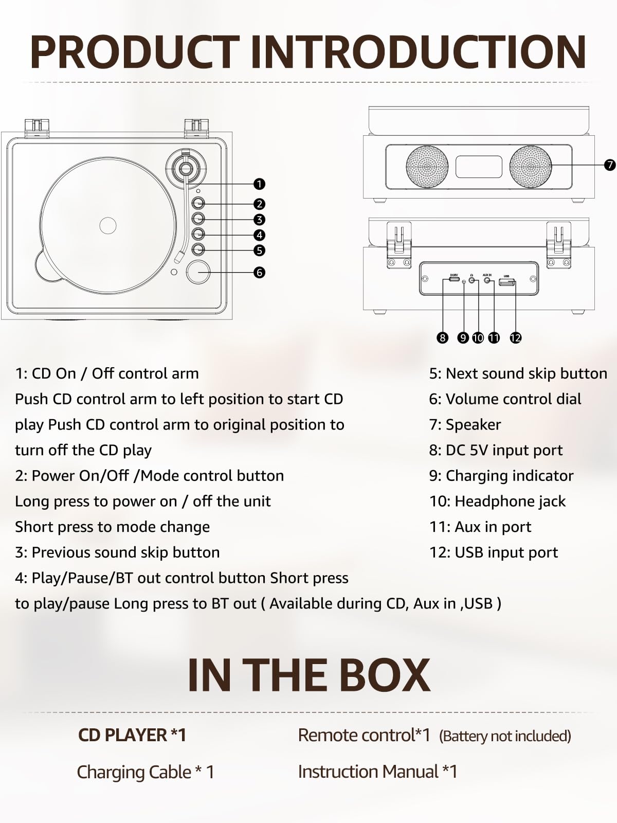 CD Player with Built-in Speakers Bluetooth Retro Portable CD Players for Home Music Player with Remote Control Headphone Jack Walnut Brown