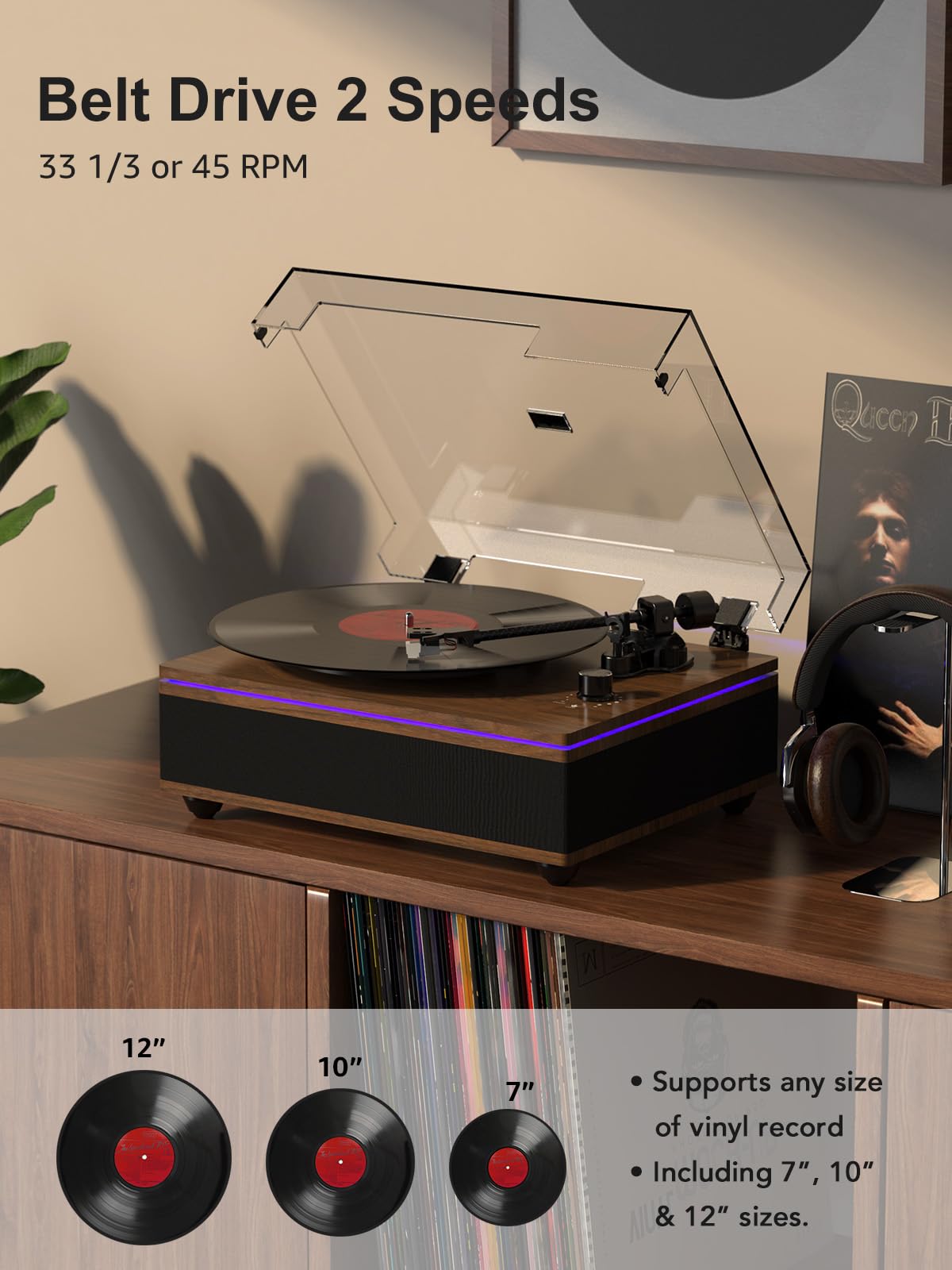 Record Player Turntables for Vinyl Records with Built in Speakers Belt Drive 2-Speed Turntables with Magnetic Cartridge AT-3600L, Support RCA Output, Walnut Brown
