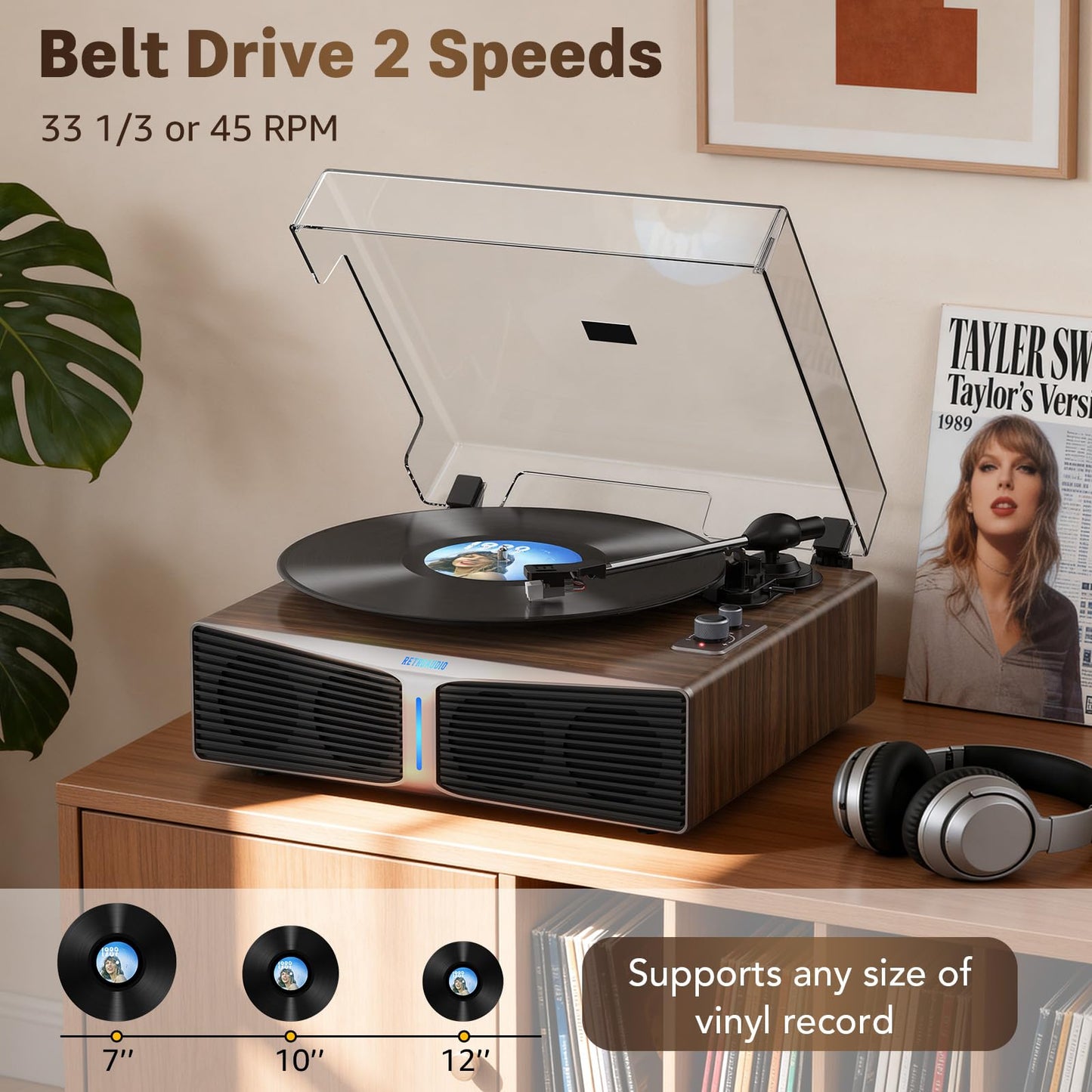 RetroAudio Vinyl Record Player with Built-in Stereo Speakers, High Fidelity Turntables for Vinyl Records with Adjustable Light Bar, Magnetic Cartridge, Upgraded BT5.4, 2-Speed/RCA Out, Birthday Gift