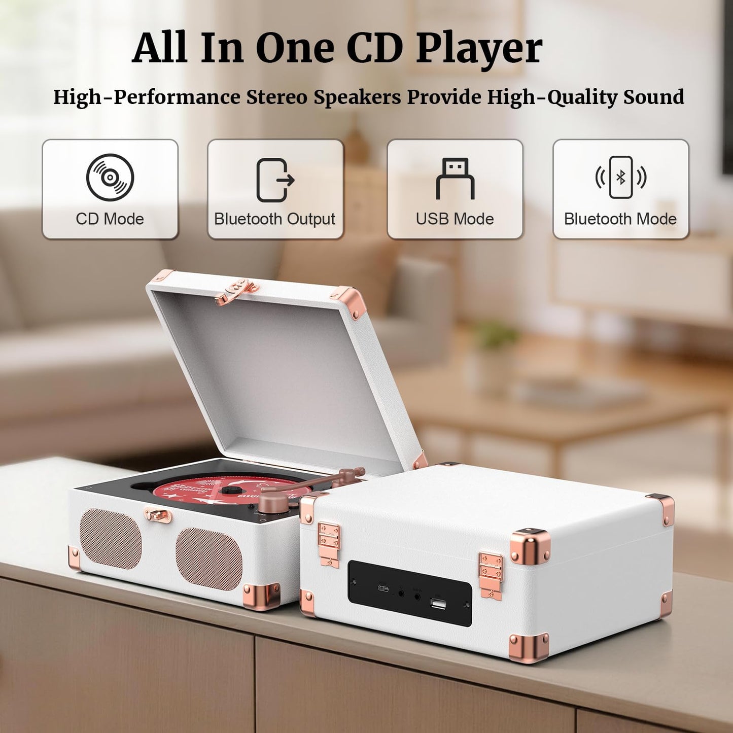 RetroAudio CD Player with Speakers Retro Portable CD Players for Home Music Player with Remote Control,V5.4 Bluetooth in&Out Desktop Suitcase CD Player with AUX in, Headphone Jack,USB Playback，White
