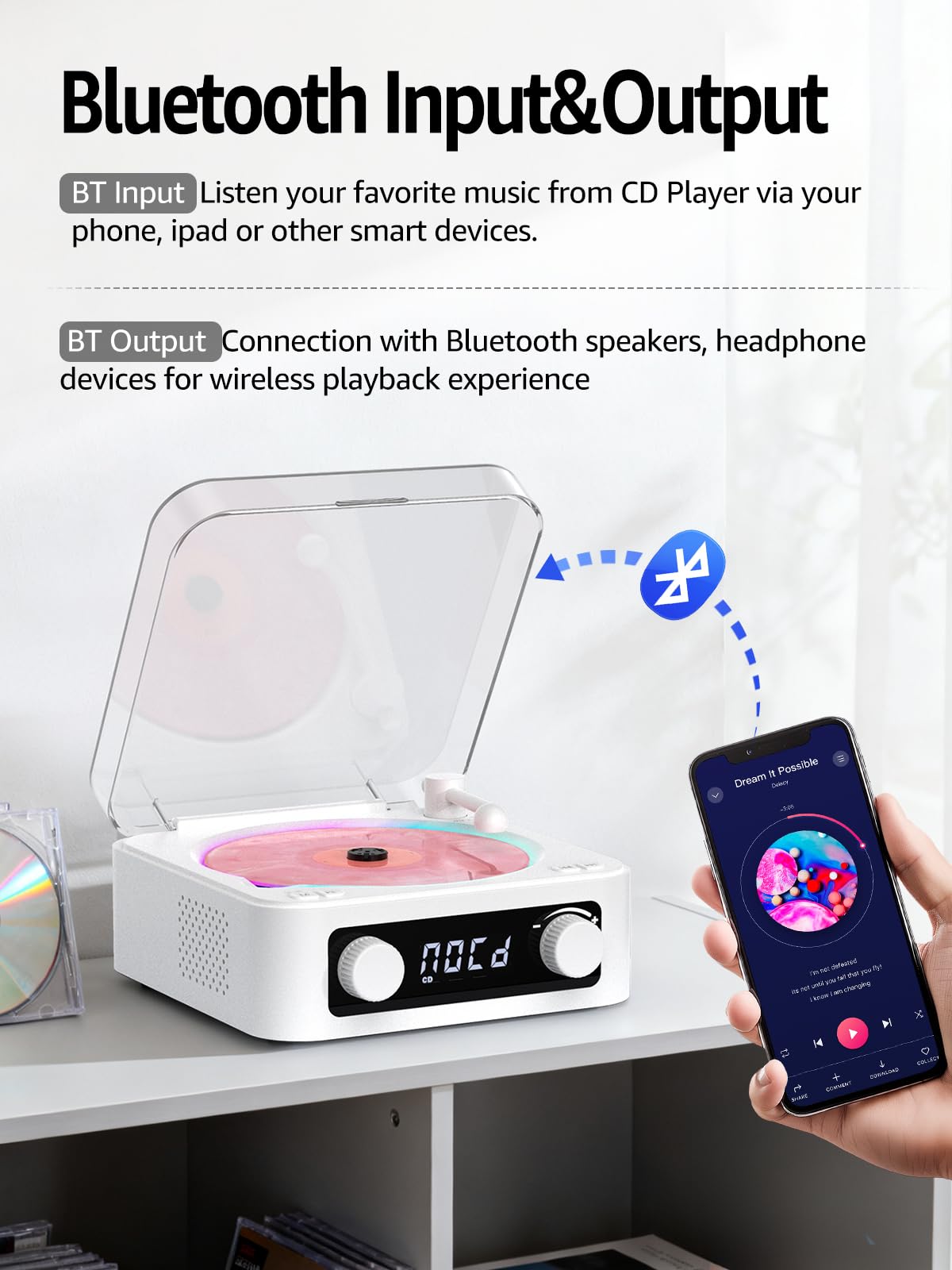 CD Player with Built-in Speakers Portable Bluetooth Input&Output Desktop CD Players for Home with Screen Display, Ambient Lighting, FM Radio, White Noise Mode, Remote Control, USB Type-c (White)