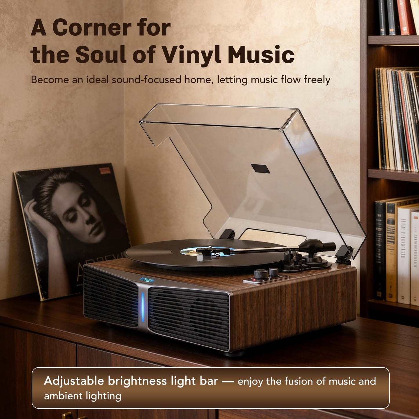RetroAudio Vinyl Record Player with Built-in Stereo Speakers, High Fidelity Turntables for Vinyl Records with Adjustable Light Bar, Magnetic Cartridge, Upgraded BT5.4, 2-Speed/RCA Out, Birthday Gift