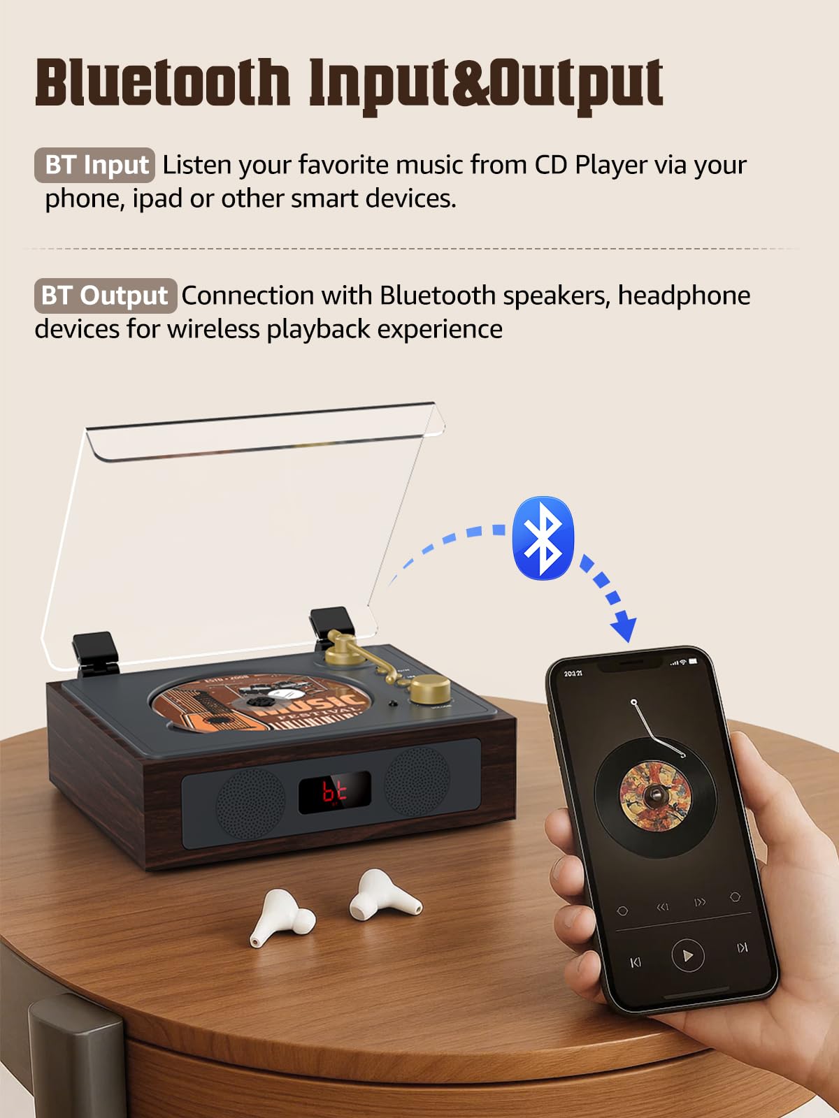 CD Player with Built-in Speakers Bluetooth Retro Portable CD Players for Home Music Player with Remote Control Headphone Jack (Walnut Brown with LCD Screen)