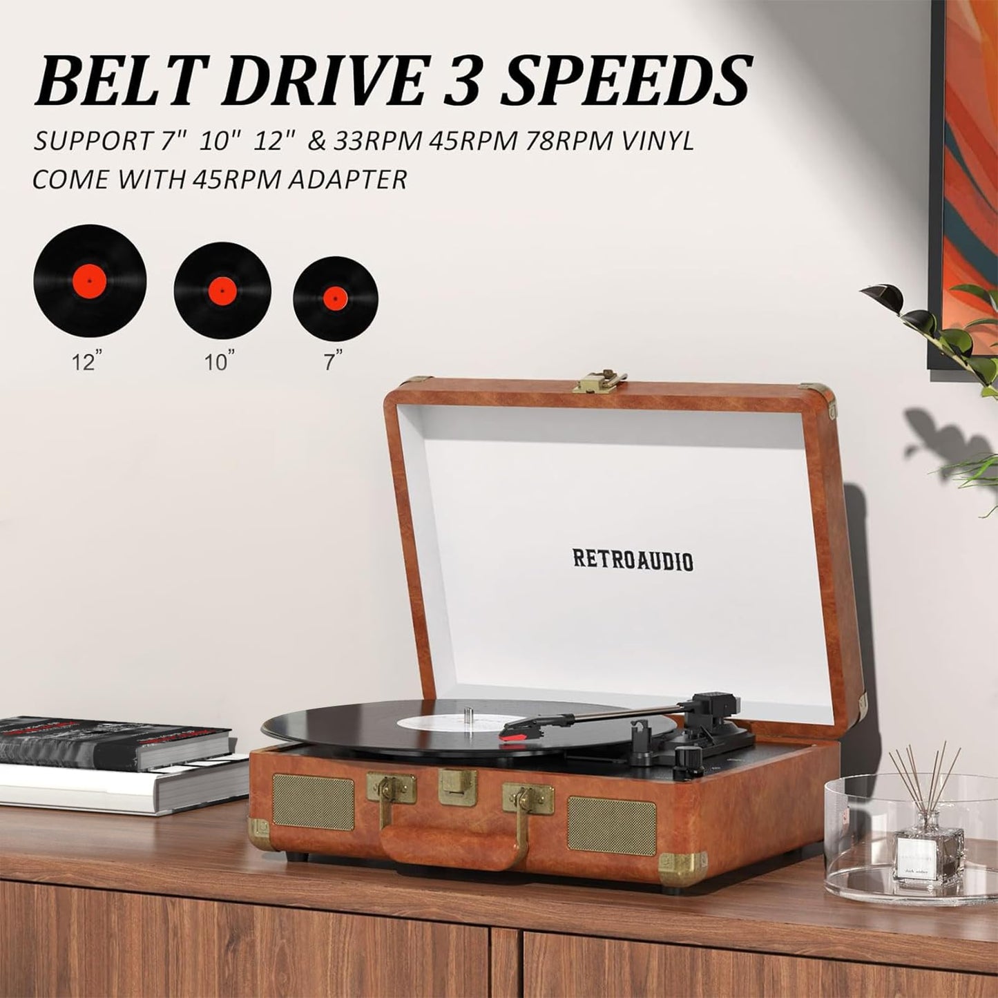 Vinyl Record Player 3-Speed Bluetooth Portable Suitcase Records Player with 2 Built-in Stereo Speakers, Belt-Driven Turntable for Vinyl Records, Support RCA Line Out, AUX Out (Brown)