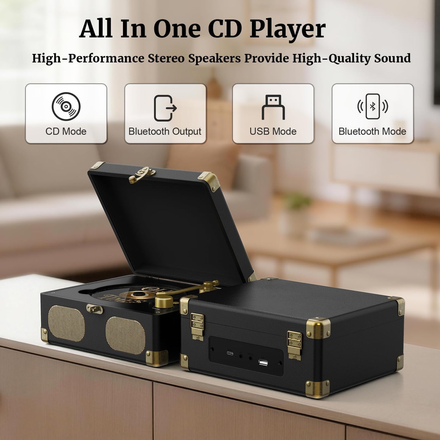 RetroAudio CD Player with Speakers Retro Portable CD Players for Home Music Player with Remote Control,V5.4 Bluetooth in&Out Desktop Suitcase CD Player with AUX in, Headphone Jack,USB Playback，Black