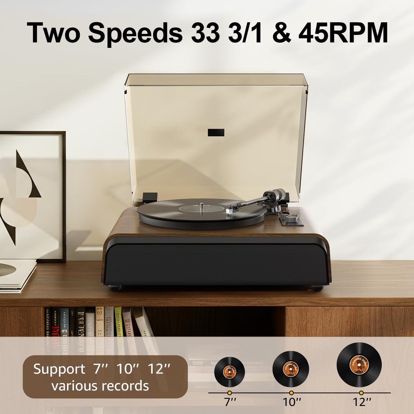 Vinyl Record Player High-Fidelity Bluetooth Turntable, Enhanced Bass Record Player with Speakers Magnetic Cartridge BT5.3 Playback RCA Out Aux in Belt-Drive 33/45RPM