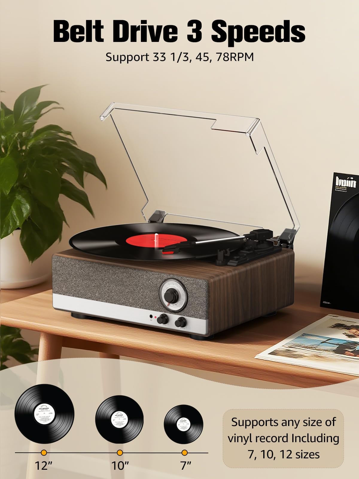 7-in-1 Vinyl Record Player with Built-in Speakers Bluetooth in & Out Belt Drive 3-Speed Turntables for Vinyl Records Support AM/FM Radio, Pitch Control & RCA Line Out & Auto Stop, Walnut