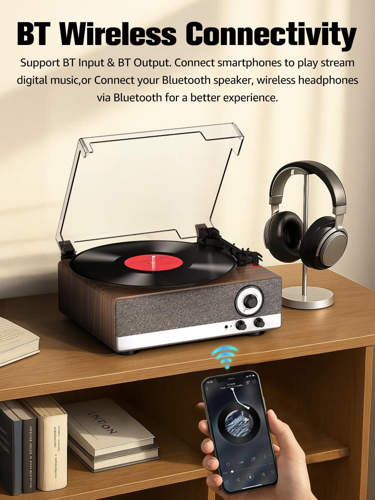 7-in-1 Vinyl Record Player with Built-in Speakers Bluetooth in & Out Belt Drive 3-Speed Turntables for Vinyl Records Support AM/FM Radio, Pitch Control & RCA Line Out & Auto Stop, Walnut