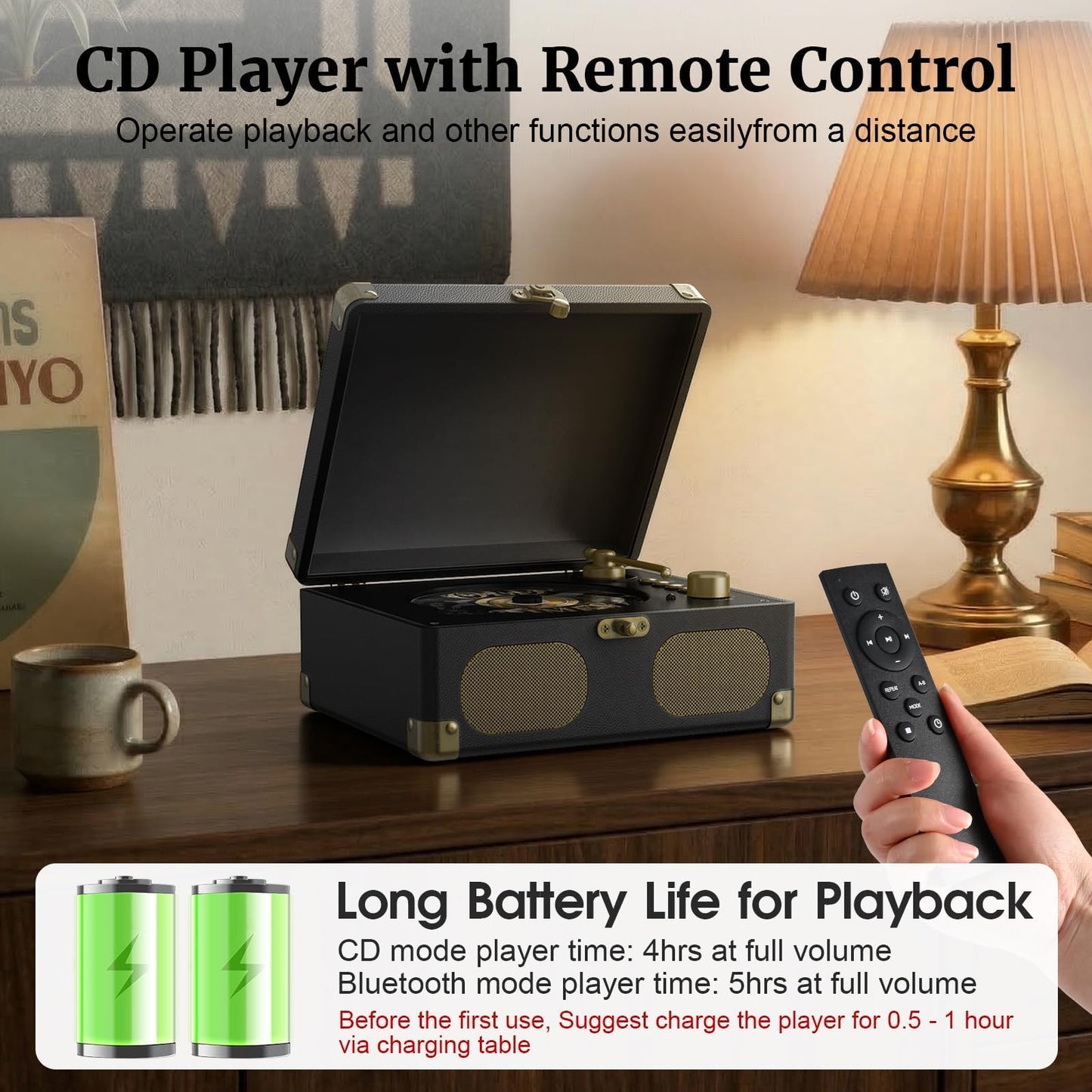 RetroAudio CD Player with Speakers Retro Portable CD Players for Home Music Player with Remote Control,V5.4 Bluetooth in&Out Desktop Suitcase CD Player with AUX in, Headphone Jack,USB Playback，Black