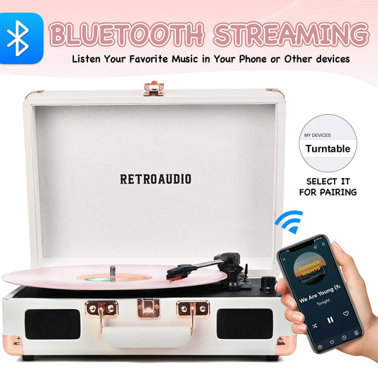 Vinyl Record Player with Built-in Speakers 3-Speed Vintage Record Player Bluetooth Portable Suitcase Turntable Belt-Driven LP Player Support RCA Output and Headphone Output (White Rose Gold)
