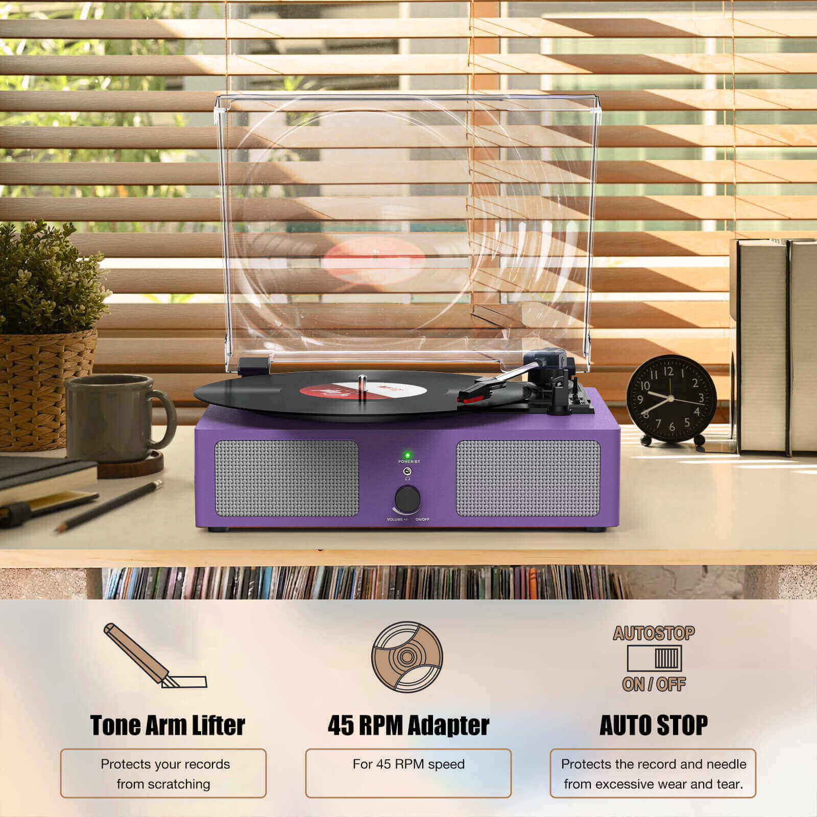 High-Quality Vinyl Record Player - Purple with Built-in Speakers by UDREAMER