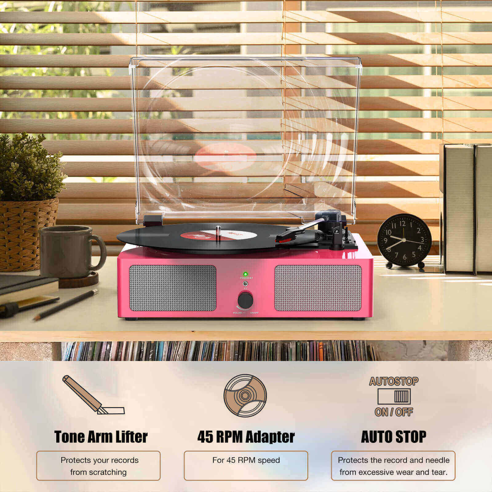 High-Quality Vinyl Record Player - Pink with Built-in Speakers by UDREAMER