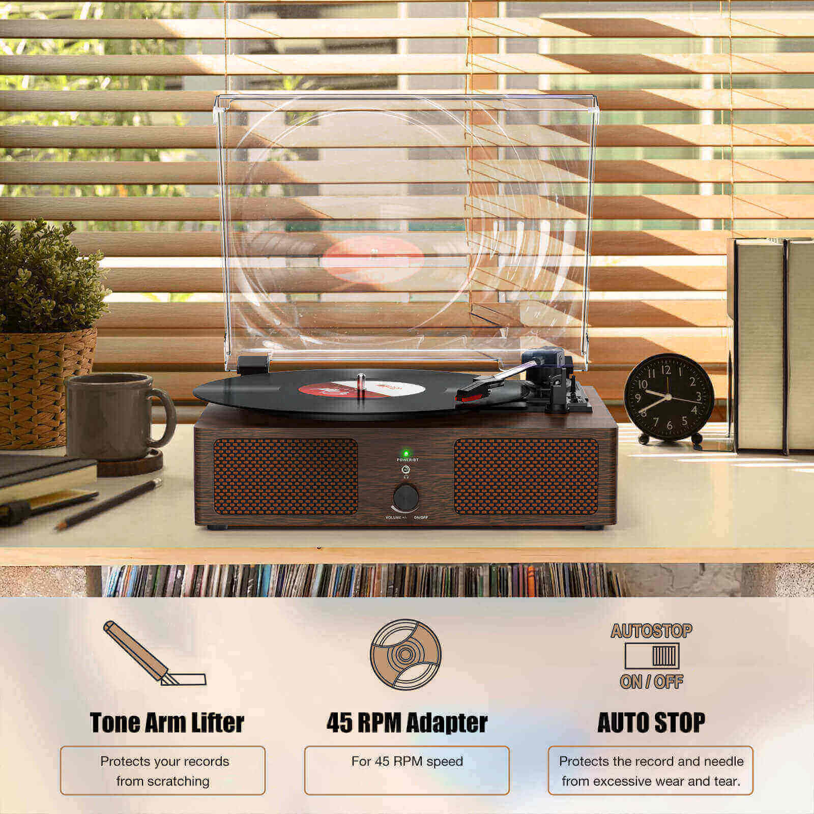 High-Quality Vinyl Record Player - Dark Brown with Built-in Speakers by UDREAMER