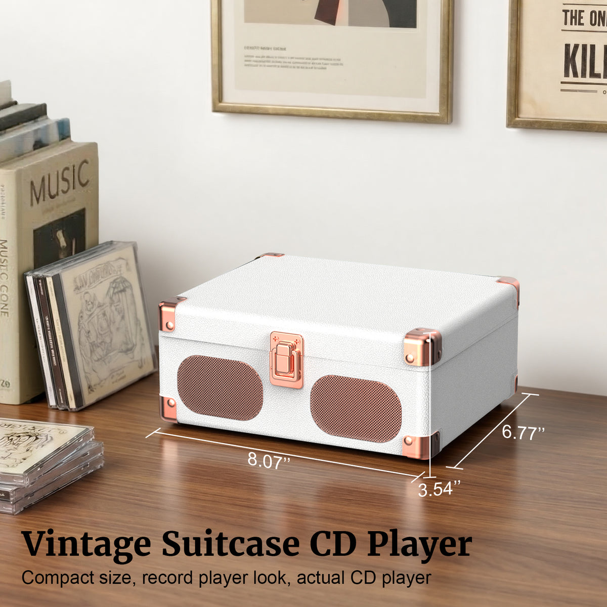 Wavelegend Retro CD Player Bluetooth Portable with Hifi Speakers, Remote Control Desktop Suitcase Music Player with V5.4 BT in&out(White)