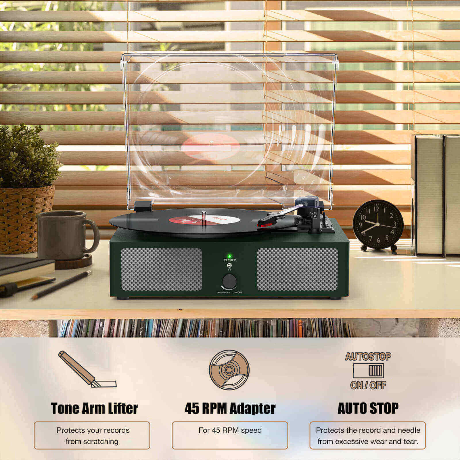 High-Quality Vinyl Record Player - Dark Green with Built-in Speakers by UDREAMER