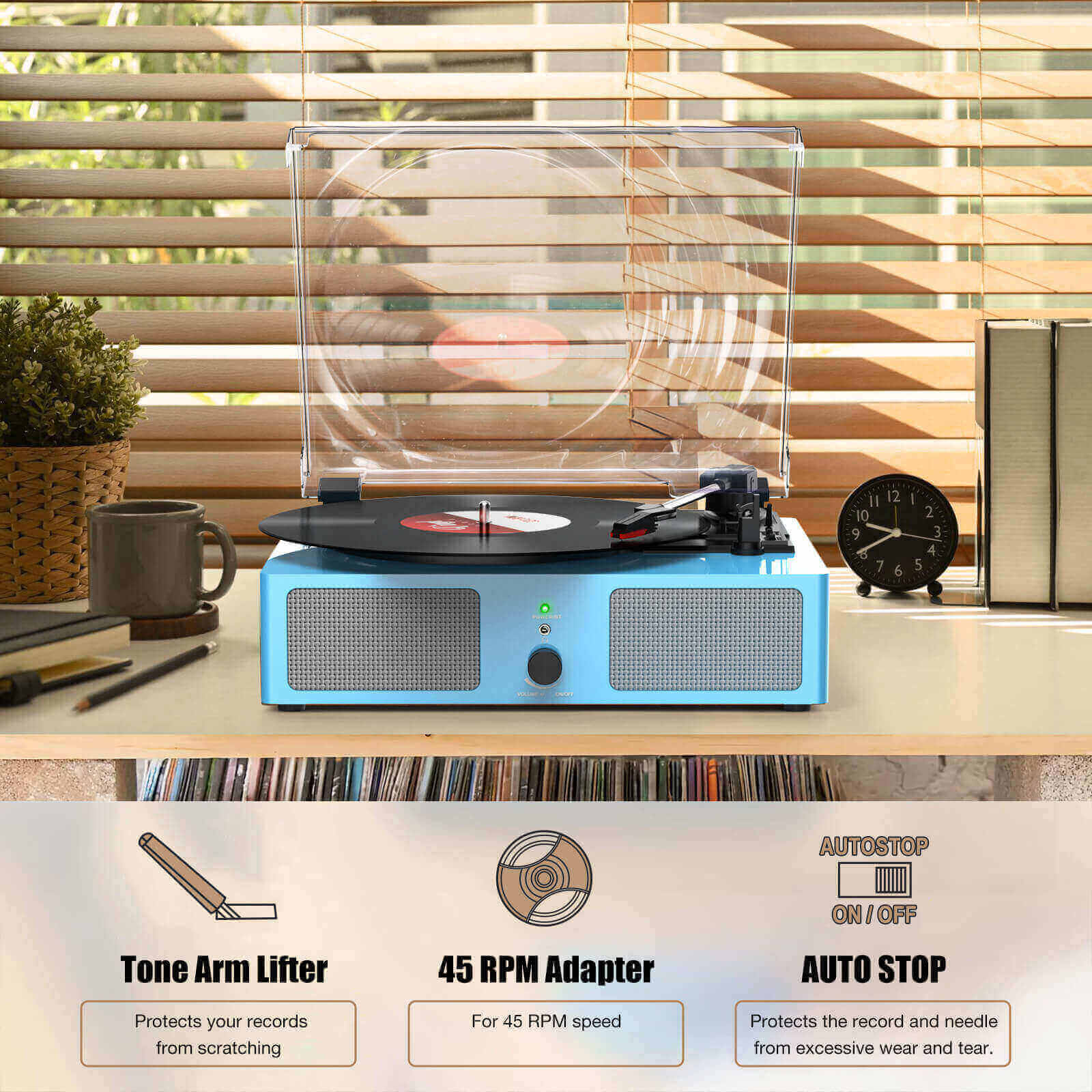 High-Quality Vinyl Record Player - Blue with Built-in Speakers by UDREAMER