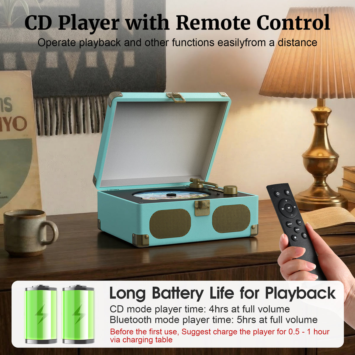 Wavelegend Retro CD Player Bluetooth Portable with Hifi Speakers, Remote Control Desktop Suitcase Music Player with V5.4 BT in&out Blue