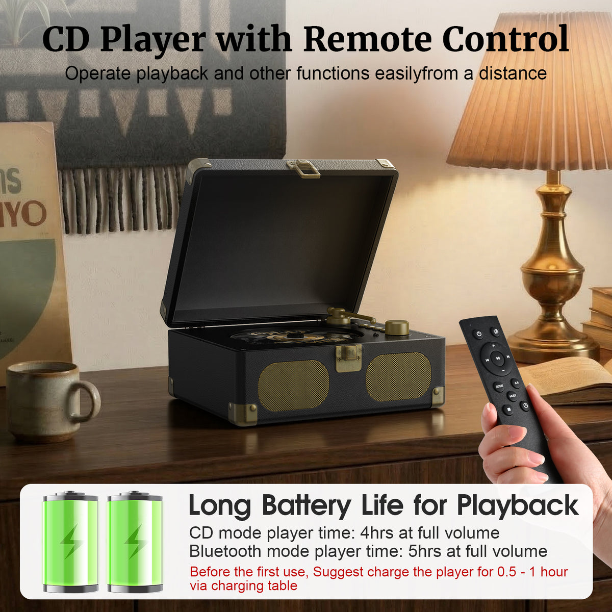 Wavelegend Retro CD Player Bluetooth Portable with Hifi Speakers, Remote Control Desktop Suitcase Music Player with V5.4 BT in&out