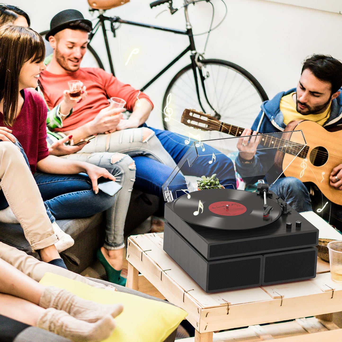 Record Player with 2X External Speakers Turntable Bluetooth Input Belt-Driven 3-Speed (33, 45, 78 RPM) LP Player Turntables for Vinyl Records with RCA Output, Aux in, Auto Stop, Black