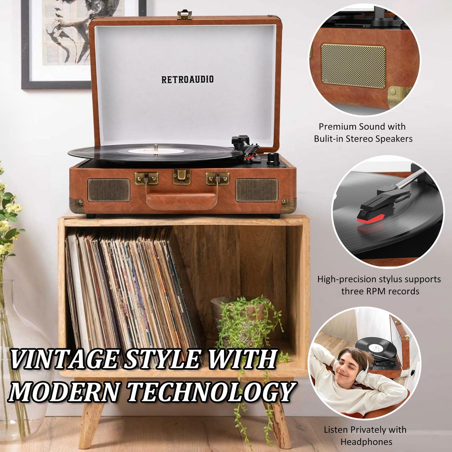 Vinyl Record Player 3-Speed Bluetooth Portable Suitcase Records Player with 2 Built-in Stereo Speakers, Belt-Driven Turntable for Vinyl Records, Support RCA Line Out, AUX Out (Brown)