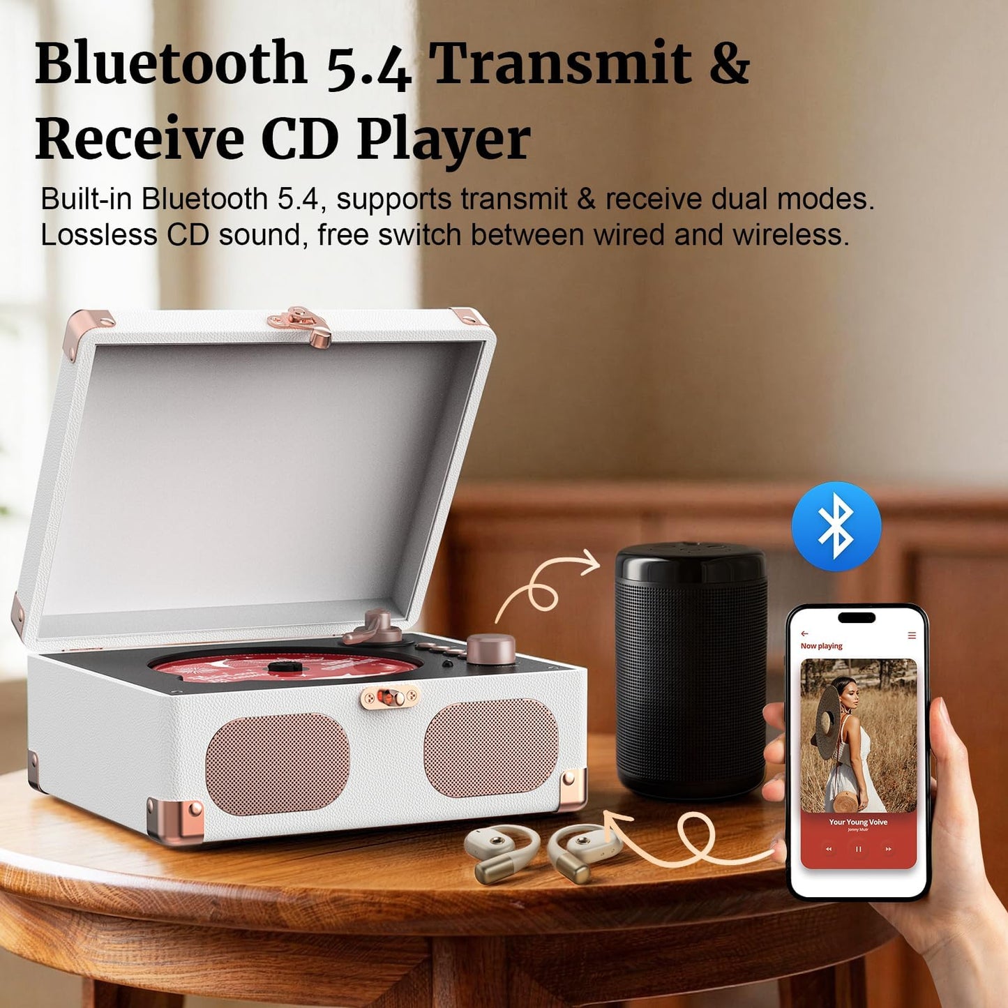 RetroAudio CD Player with Speakers Retro Portable CD Players for Home Music Player with Remote Control,V5.4 Bluetooth in&Out Desktop Suitcase CD Player with AUX in, Headphone Jack,USB Playback，White