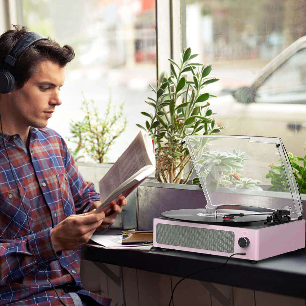 Stylish Vintage Belt-Driven Record Player , Light Pink R608