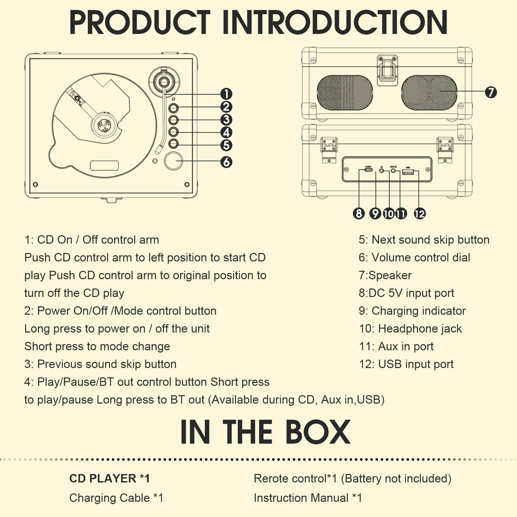 Wavelegend Retro CD Player Bluetooth Portable with Hifi Speakers, Remote Control Desktop Suitcase Music Player with V5.4 BT in&out